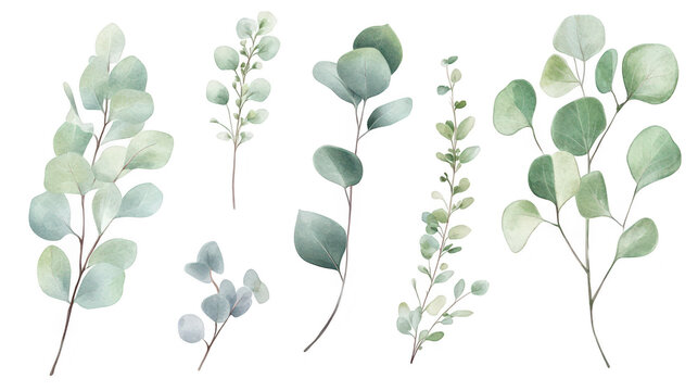 A collection of delicate green leaves various shapes and sizes. arranged artistically on a white background. ideal for nature-themed designs. invitations. or botanical illustrations