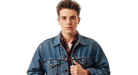 A young man wearing a denim jacket and a plaid shirt on a black background transparent background