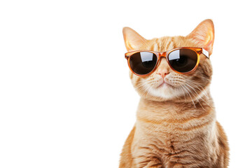 A stylish orange tabby cat wearing sunglasses poses confidently against a plain white background. embodying a playful and trendy vibe perfect for pet-themed marketing materials