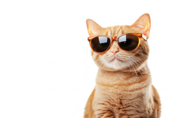 A stylish orange tabby cat wearing sunglasses poses confidently against a plain white background. embodying a playful and trendy vibe perfect for pet-themed marketing materials