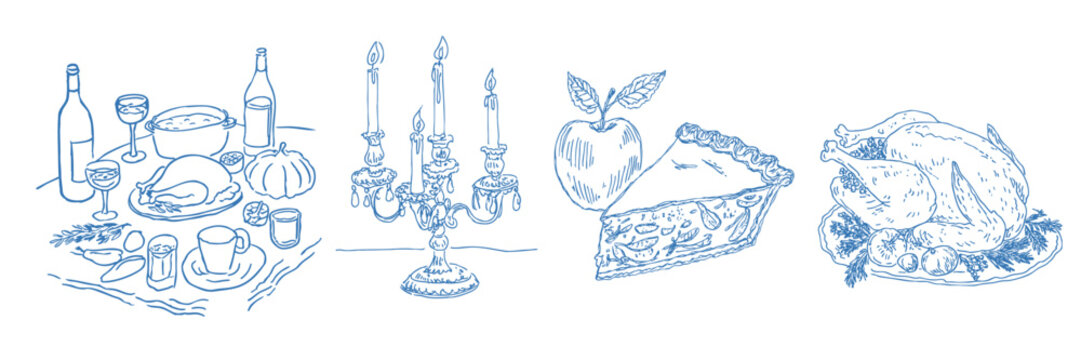 Hand drawn thanksgiving food elements in a vintage doodle illustration set for fall celebration - Powered by Adobe