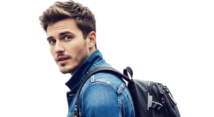 Portrait of a man with denim jacket and backpack looking over his shoulder transparent background