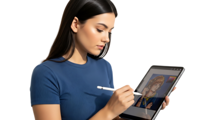 Woman drawing digital art on a tablet with a stylus in a studio setting transparent background