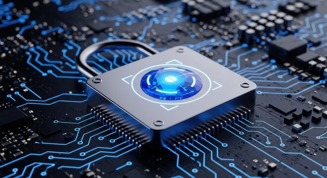 A metallic padlock with glowing blue light sits on a sophisticated high tech circuit board symbolizing cybersecurity