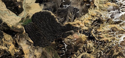 Satellite View of Black Lava Fields and Geothermal Highlands in Iceland