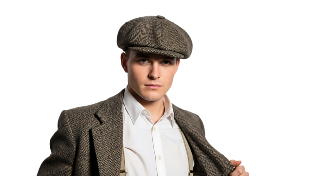Man in tweed jacket suspenders and newsboy cap against a black background transparent background