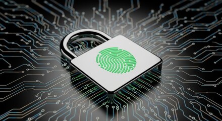 Secure digital access with a fingerprint padlock on an abstract circuit board representing cybersecurity and biometric authentication technology