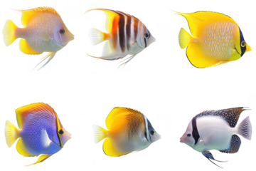 A array of tropical fish a variety of colors and patterns swimming gracefully against a clean white background. ideal for marine life education and aquatic decor