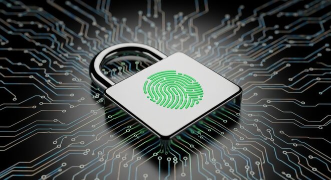 Secure digital access with a fingerprint padlock on an abstract circuit board representing cybersecurity and biometric authentication technology