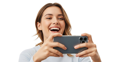 A smiling woman holding a smartphone horizontally with both hands up high transparent background