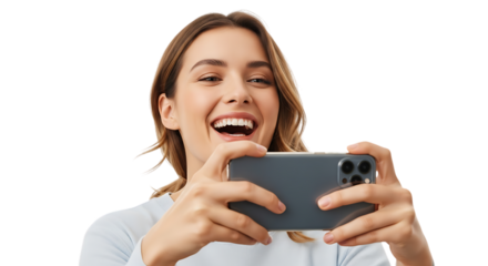 A smiling woman holding a smartphone horizontally with both hands up high transparent background