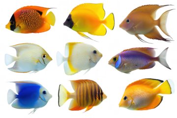 A collection of colorful tropical fish swimming gracefully in a clear aquarium. diverse patterns and hues. perfect for marine life enthusiasts and educational purposes