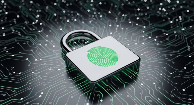 Digital security padlock with fingerprint on a circuit board for data protection and cyber security system identity access - Powered by Adobe