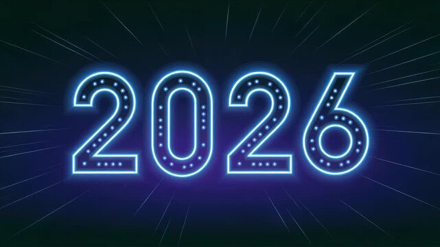 Bright neon 2026 countdown animation sparkles for new year celebration, future timeline events