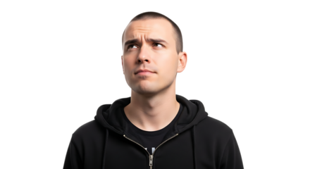 A man in a black hoodie looking up and to the left with a thoughtful expression transparent background