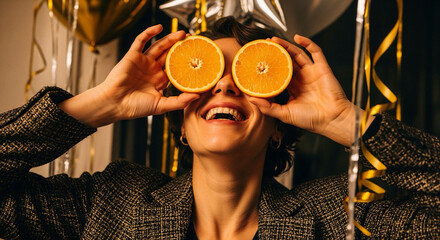 A joyful woman laughs brightly while holding two orange halves over her eyes at a festive party with gold and silver balloons in the background.