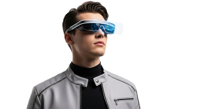 Man wearing futuristic augmented reality glasses with digital interface on a black background transparent background