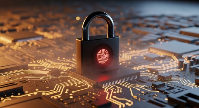 Padlock with glowing fingerprint symbol on computer chip represents data security and personal access authentication