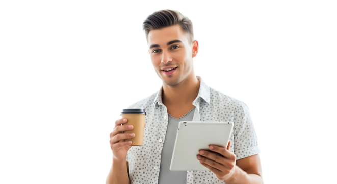 Man holding a coffee cup and a tablet device while smiling on a black and white background isolated transparent background