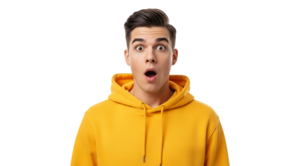 Surprised man in yellow hoodie with wide eyes and open mouth against a plain black background shot transparent background