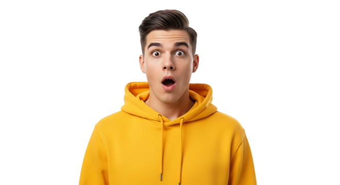 Surprised man in yellow hoodie with wide eyes and open mouth against a plain black background shot transparent background - Powered by Adobe