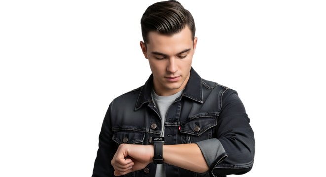Man looking at his smart watch wearing a denim jacket against a dark black background in studio shot transparent background