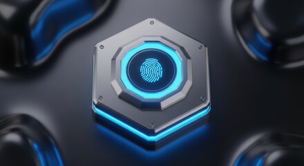 Futuristic technology concept featuring biometric fingerprint security system with glowing blue accents on a metallic hexagonal device