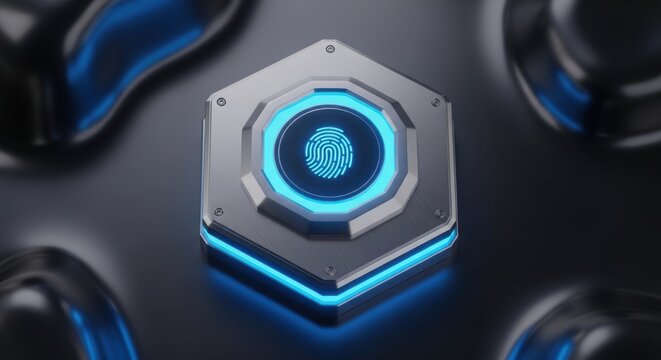 Futuristic technology concept featuring biometric fingerprint security system with glowing blue accents on a metallic hexagonal device
