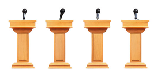 A row of four wooden podiums with microphones. set against a plain white background. ideal for speeches or presentations. emphasizing a formal setting for public speaking events