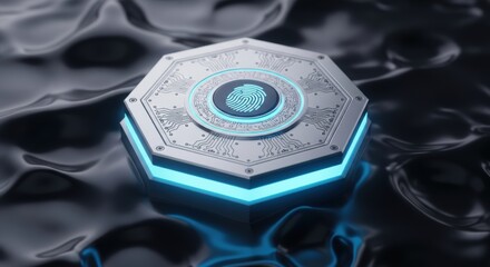 Futuristic fingerprint scanner technology on a hexagonal silver metal device for secure access and identity verification