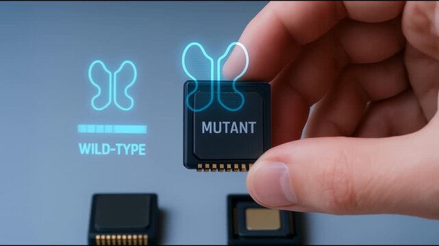 Mutant chip held by hand near wild type chip with butterfly icons illustrating genetic facilitated diffusion concept technology and biology innovation