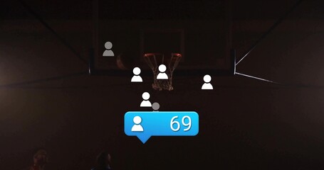 Displaying blue notification bubble 69 in gym hovering near hoop, avatars, basketball moving, heads