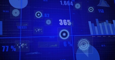 Displaying central data dashboard glowing on dark grid, with targets numeric KPIs bar chart panels © vectorfusionart