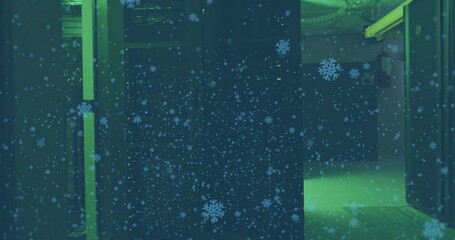 Dominating central rack glowing with blinking LEDs in data center, showing snowflake overlay