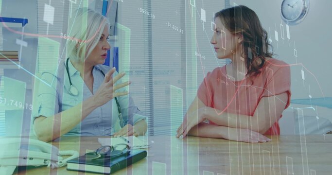 Talking blue-scrubbed doctor and coral-topped patient at clinic with stethoscope and charts overlay - Powered by Adobe