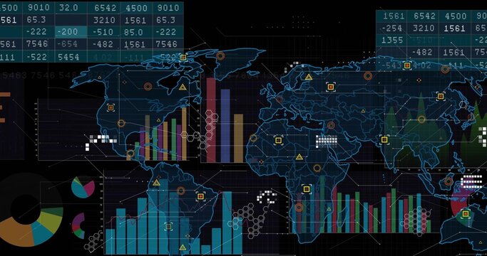 Displaying stylized world map on dark dashboard, showing multi-colored bars, pie segments, heatmap