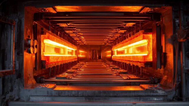 Medium shot focusing on the interior of a gasfired homogenizing oven with visible heat distribution systems ensuring even treatment of metal ingots to optimize microstructure.