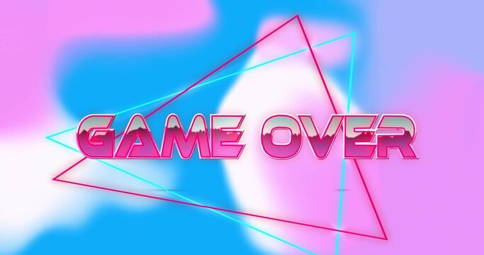 Displaying large metallic pink GAME OVER text centered in synthwave artwork, with neon triangles - Powered by Adobe