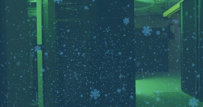 Dominating central rack glowing with blinking LEDs in data center, showing snowflake overlay - Powered by Adobe