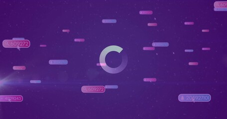 Displaying central circular loading spinner rotating in digital interface, with floating data tags