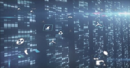 Naklejka premium Glowing vertical data wall showing floating bolt, recycling, wind icons in digital city, UI panels