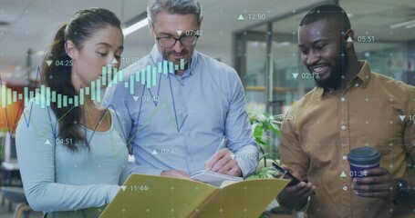 Reviewing team in blue and brown shirts writing notes from yellow folder in office with smartphone