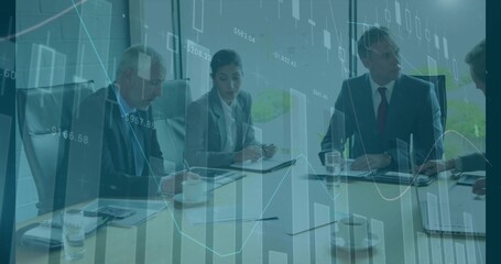 Analyzing group of five professionals wearing suits in modern meeting room, with laptop overlay