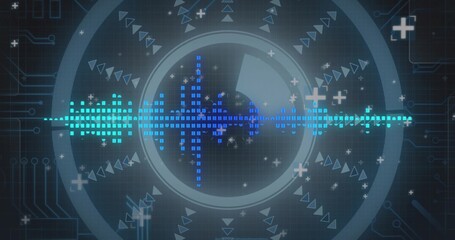 Obraz premium Displaying pixelated waveform with HUD rings on screen, showing grid, circuit lines and particles