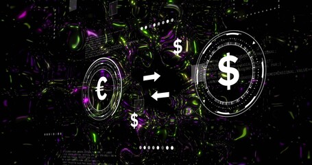 Showing euro-dollar HUD exchanging currency in cyberspace with arrows, rings, dots, code, neon glow