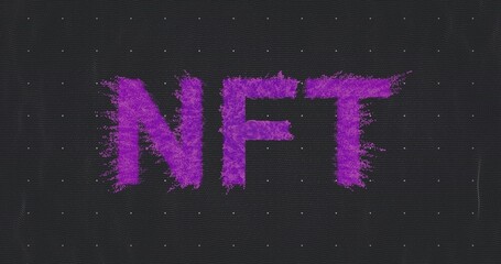 Obraz premium Displaying bold purple NFT letters spreading particle fragments on dark digital canvas, dotted grid
