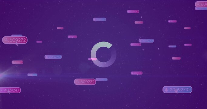 Displaying central circular loading spinner rotating in digital interface, with floating data tags - Powered by Adobe