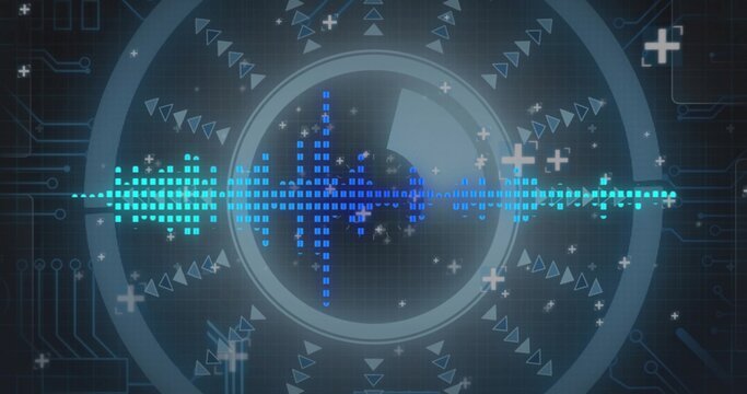 Displaying pixelated waveform with HUD rings on screen, showing grid, circuit lines and particles