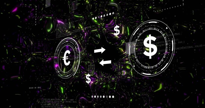 Showing euro-dollar HUD exchanging currency in cyberspace with arrows, rings, dots, code, neon glow - Powered by Adobe