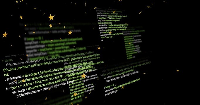 Displaying blurred code panels on dark screen, showing green white yellow syntax and gold stars